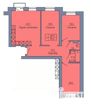 3-к квартира, строящийся дом, 76м2, 4/4 этаж