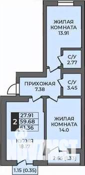 2-к квартира, строящийся дом, 61м2, 5/9 этаж