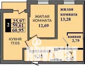 2-к квартира, строящийся дом, 61м2, 1/9 этаж