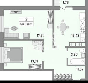 2-к квартира, вторичка, 62м2, 9/25 этаж