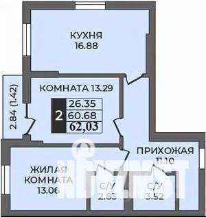 2-к квартира, строящийся дом, 62м2, 3/9 этаж