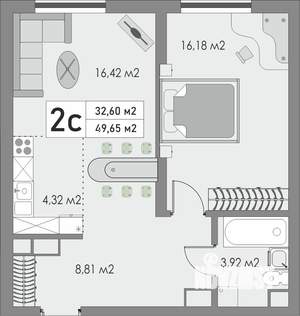 2-к квартира, строящийся дом, 50м2, 4/9 этаж