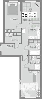 3-к квартира, строящийся дом, 65м2, 2/10 этаж