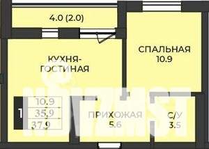 1-к квартира, строящийся дом, 38м2, 1/7 этаж