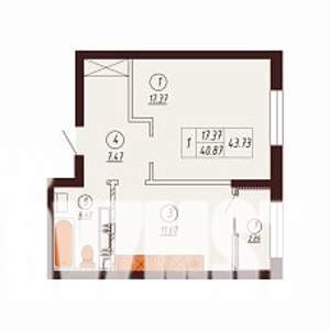 1-к квартира, строящийся дом, 44м2, 2/17 этаж