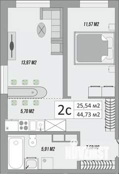 2-к квартира, строящийся дом, 45м2, 1/9 этаж