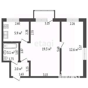 2-к квартира, вторичка, 43м2, 1/5 этаж