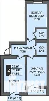 2-к квартира, строящийся дом, 61м2, 8/9 этаж