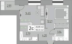 2-к квартира, строящийся дом, 40м2, 1/15 этаж