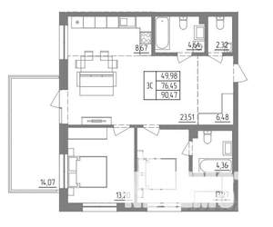 3-к квартира, вторичка, 90м2, 2/13 этаж
