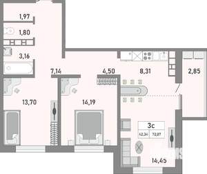 3-к квартира, строящийся дом, 72м2, 21/25 этаж