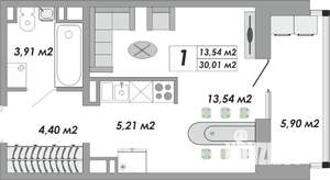 1-к квартира, строящийся дом, 30м2, 6/12 этаж