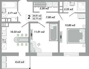 2-к квартира, строящийся дом, 54м2, 3/9 этаж