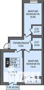 2-к квартира, строящийся дом, 61м2, 9/9 этаж