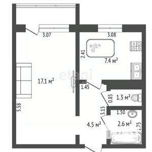 1-к квартира, вторичка, 30м2, 3/5 этаж