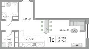 1-к квартира, строящийся дом, 44м2, 2/10 этаж