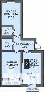 2-к квартира, строящийся дом, 61м2, 6/9 этаж