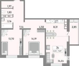 3-к квартира, вторичка, 72м2, 18/25 этаж