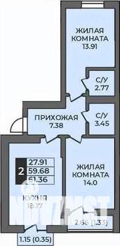 2-к квартира, строящийся дом, 61м2, 7/9 этаж