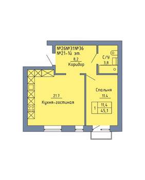 1-к квартира, строящийся дом, 45м2, 2/4 этаж