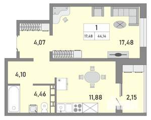 1-к квартира, вторичка, 44м2, 6/25 этаж