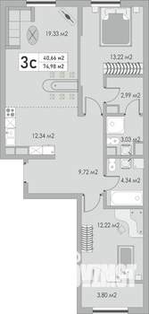 3-к квартира, строящийся дом, 75м2, 6/10 этаж
