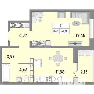 1-к квартира, вторичка, 44м2, 5/25 этаж