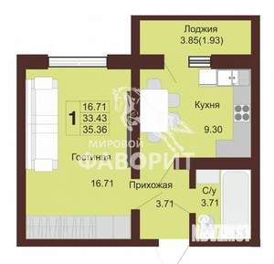 1-к квартира, вторичка, 35м2, 7/16 этаж