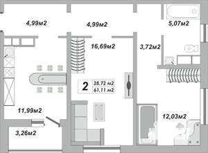 2-к квартира, строящийся дом, 61м2, 19/25 этаж