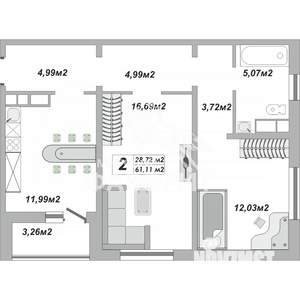 2-к квартира, вторичка, 61м2, 23/25 этаж