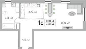 1-к квартира, строящийся дом, 40м2, 5/9 этаж