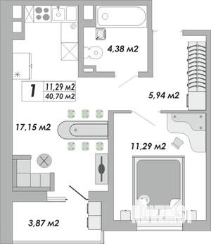 1-к квартира, строящийся дом, 41м2, 8/15 этаж