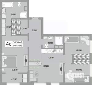 4-к квартира, строящийся дом, 95м2, 2/9 этаж