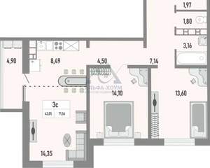 3-к квартира, вторичка, 72м2, 3/25 этаж