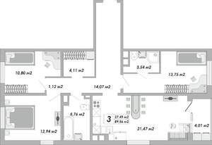 3-к квартира, строящийся дом, 90м2, 6/15 этаж