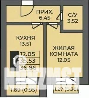 1-к квартира, строящийся дом, 37м2, 4/5 этаж