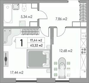 1-к квартира, вторичка, 43м2, 2/9 этаж