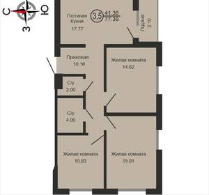 4-к квартира, сданный дом, 75м2, 15/17 этаж