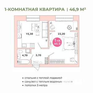 1-к квартира, вторичка, 47м2, 1/4 этаж