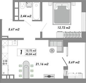 1-к квартира, строящийся дом, 46м2, 11/17 этаж