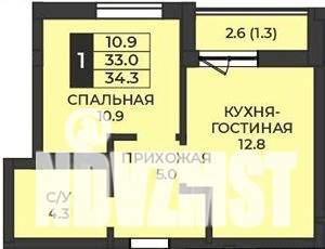 1-к квартира, строящийся дом, 34м2, 2/7 этаж
