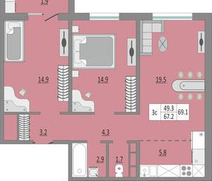2-к квартира, вторичка, 67м2, 1/19 этаж