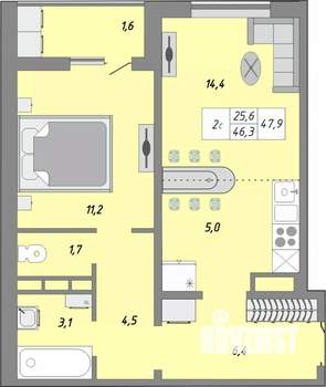 2-к квартира, строящийся дом, 48м2, 18/24 этаж