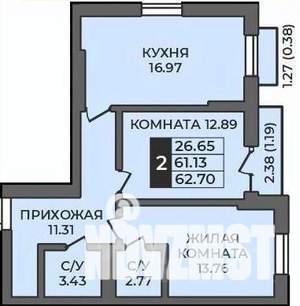 2-к квартира, вторичка, 63м2, 10/12 этаж