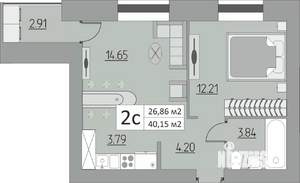 2-к квартира, строящийся дом, 40м2, 1/15 этаж