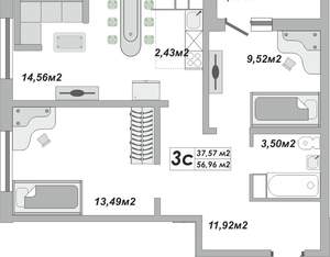 3-к квартира, вторичка, 57м2, 23/25 этаж