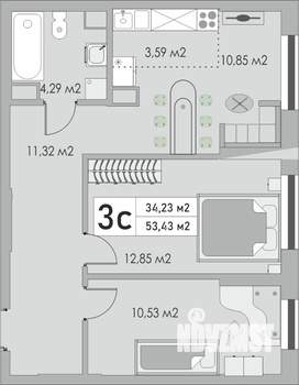 3-к квартира, строящийся дом, 53м2, 2/10 этаж