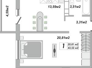 1-к квартира, вторичка, 44м2, 3/25 этаж