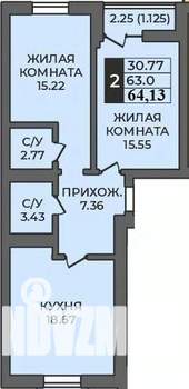 2-к квартира, строящийся дом, 64м2, 2/12 этаж