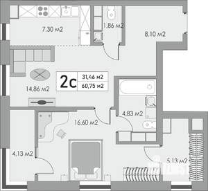 2-к квартира, строящийся дом, 61м2, 6/10 этаж